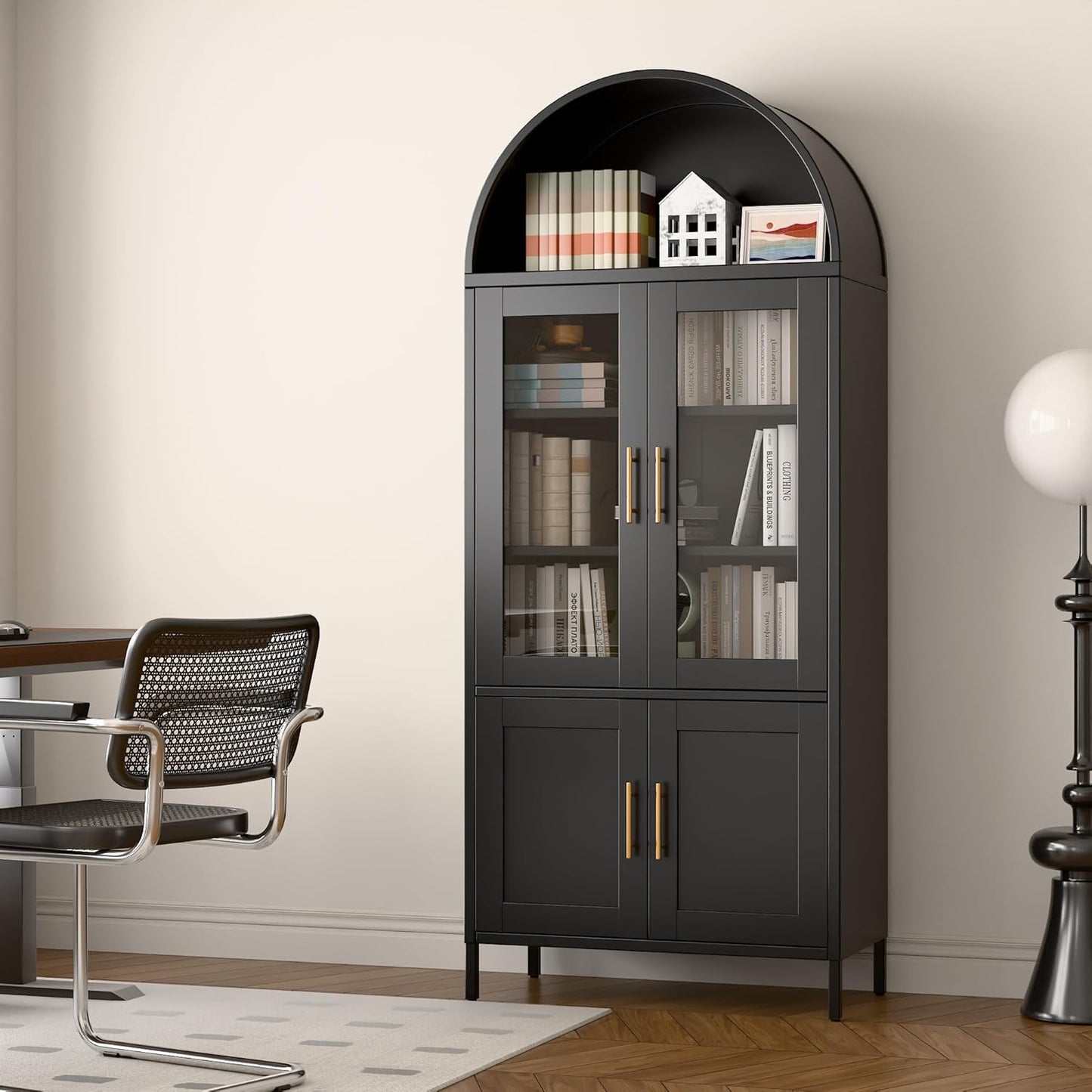 US Local Arched Kitchen Pantry Storage Cabinet With Doors Shelves, Black Arched Bookcase Display Cabinet For Home Office Bar Living Room, Assemble Require