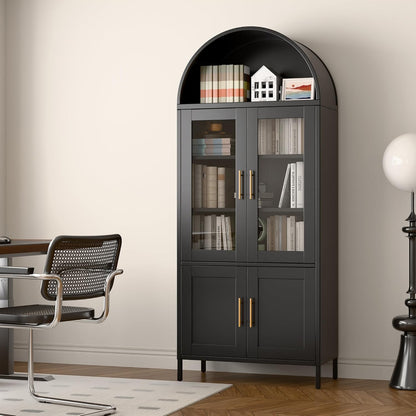 US Local Arched Kitchen Pantry Storage Cabinet With Doors Shelves, Black Arched Bookcase Display Cabinet For Home Office Bar Living Room, Assemble Require