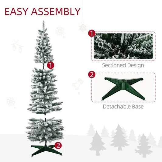 CA Local 6 ft Tall Pencil Artificial Christmas Tree, Holiday Decor With Snow Flocked Branches, Green