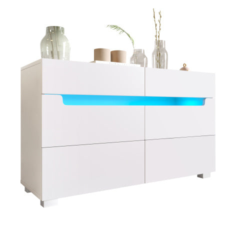 UK Local Sideboard Cabinet Dresser With 6 Drawers,Storage With RGB LED App Control, Sideboard With Cut-out Handles, 6-drawers Chest Of Drawers, 71 X 120 X 40 Cm, White