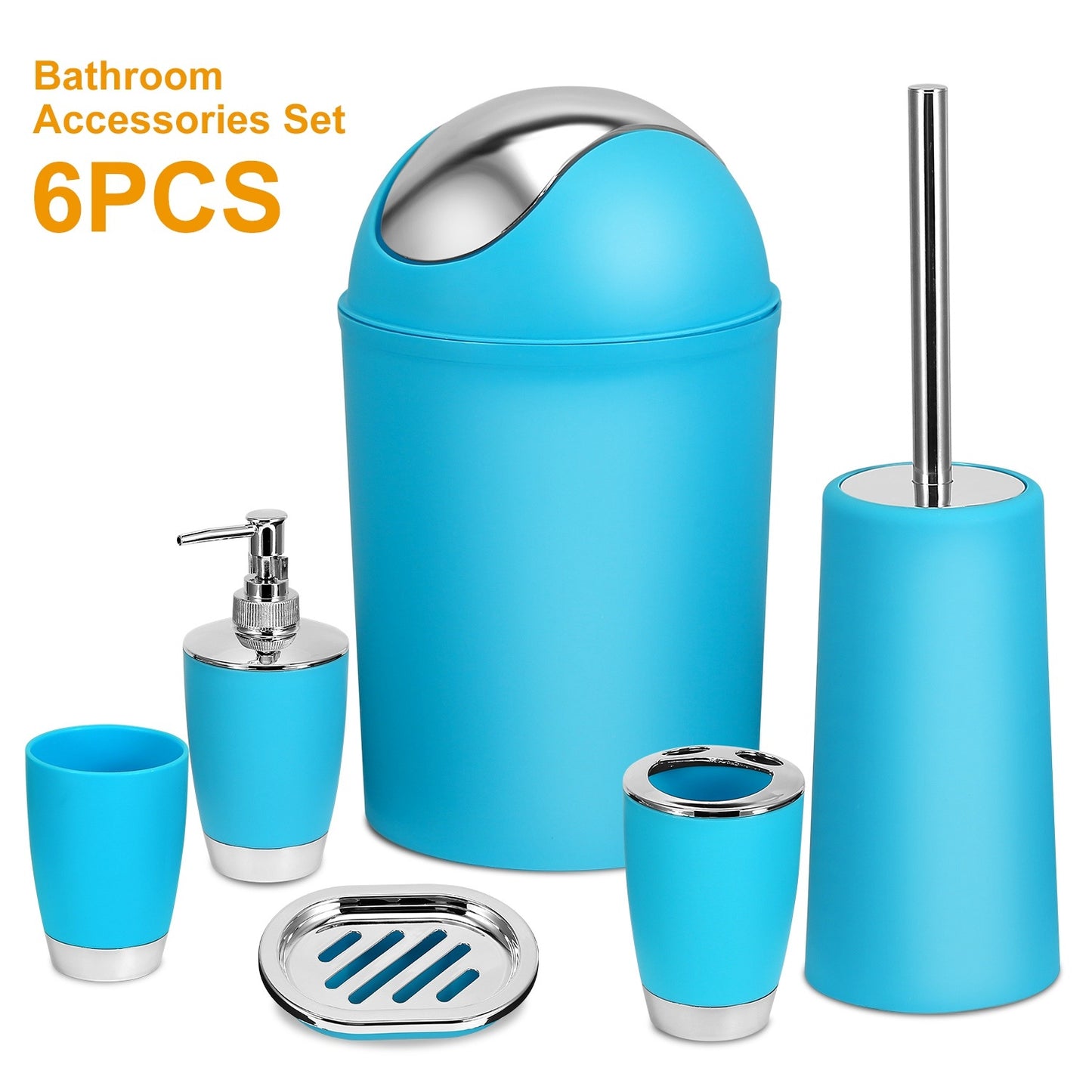 US Local Bathroom Accessories Set 6 Pcs Bathroom Set Ensemble Complete Soap Dispenser Toothbrush Holder Tumbler Soap Dish Toilet Cleaning Brush Trash Can