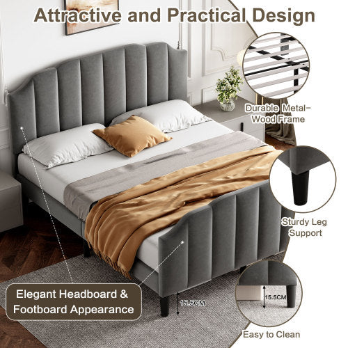UK Local 4ft6 Double Upholstered Bed Frame With Adjustable Chic Channel-Tufted Headboard, Velvet Platform Bed Frame With Solid Wood Slat And Mute Foam, No Box Spring Needed, Easy Assembly, Grey No Mattress