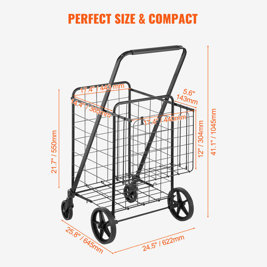 US Local VEVOR Folding Shopping Cart, Jumbo Grocery Cart With Double Baskets, 360Swivel Wheels, Heavy Duty Utility Cart, 110 LBS Large Capacity Utility Cart For Laundry, Shopping, Grocery, Luggage