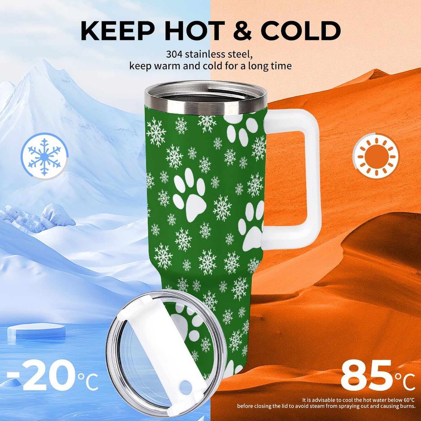 PHDT00312 POD US Local Tumbler 40 oz Large Capacity Car Cup Christmas Snowflakes Cats Dogs Paws Snowflakes Green