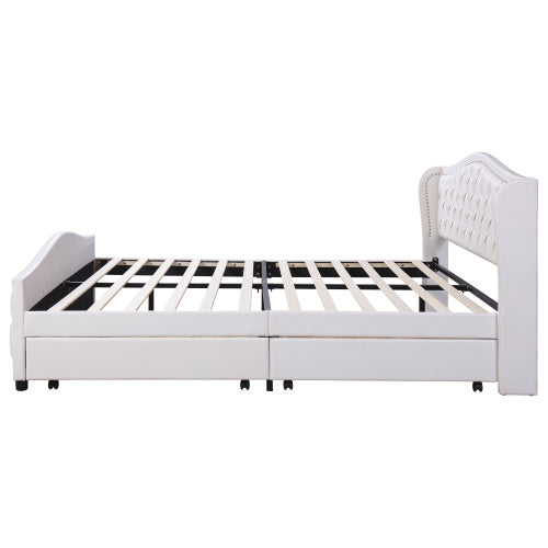 UK Local Upholstered Bed 135 X 190cm - Bed With Slatted Frame, 2 Drawers And Headboard With Pull Point Rivets - Wood & Faux Leather - White - Youth Bed Guest Bed