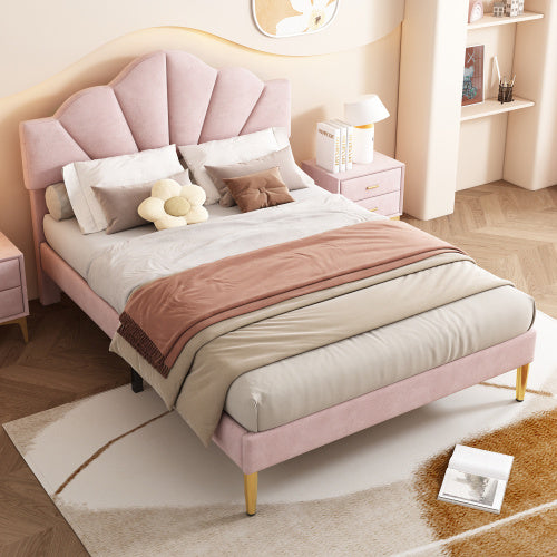 UK Local Velvet Upholstered Bed,King Size Bed-5ft 150x200cm  Shell-like Bed With Golden Iron Legs, Height-adjustable Headboard, Wooden Slatted Frame