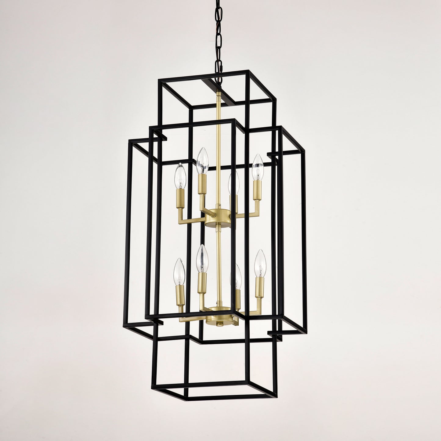 US Local 8-Light Metal Lantern Tiered Pendant Hanging Light Fixtures, Industrial Farmhouse Adjustable Height Chandeliers For Dining Room Hallway Foyer Entryway--Matte Black & Gold E12 Bulbs Not Included