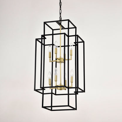 US Local 8-Light Metal Lantern Tiered Pendant Hanging Light Fixtures, Industrial Farmhouse Adjustable Height Chandeliers For Dining Room Hallway Foyer Entryway--Matte Black & Gold E12 Bulbs Not Included