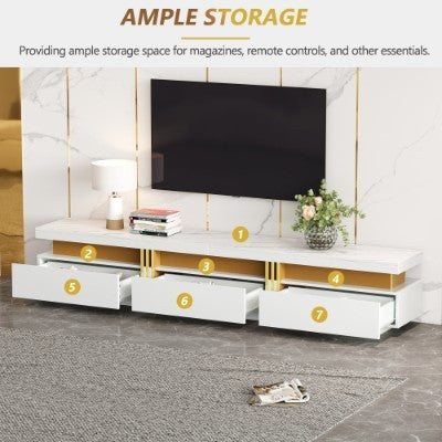 UK Local Luxury TV Stand With Faux Marble Top, TV Cabinet Golden Panel Design, And 3 Drawers For Televisions Up To 89'', Rectangle Media Console, Practical Entertainment Center For Living Room, White