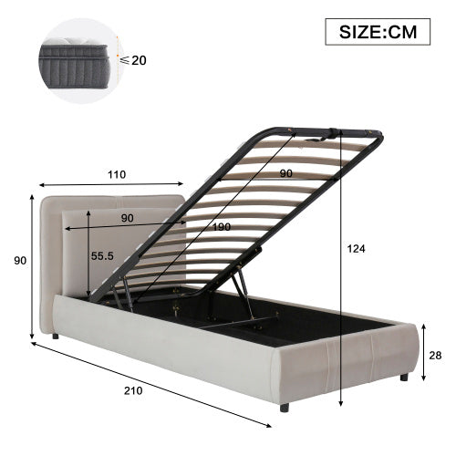 UK Local Upholstered Bed, Hydraulic Bed With Storage Function, 3ft Single Bed 90x190cm, Durable And Sturdy, Removable Soft Headboard Backrest, Velvet  Plywood, Beige