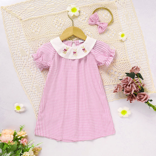 US Local Infant Bbay Girls' Plaid Smocked Dress Short Sleeve Easter Bunny Rabbit Embroidery Casual Fashion Clothes