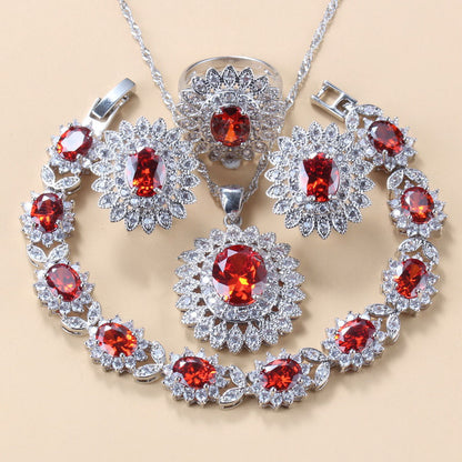 Garnet Cubic Zirconia Earrings Pendant Necklace Bracelet Ring Gift 4 PCs Set