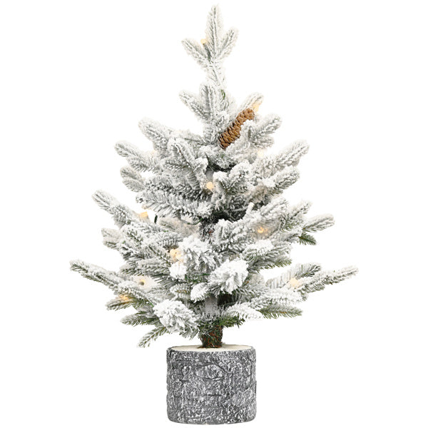 US Local Artificial 2ft Decorated Flocking Basin Tree With 189 PE PVC Mixed Branch Tips, Pine Conex3, 30L Wram White Light, Holiday Decorating