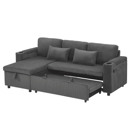 UK Local 3 In 1 Convertible Corduroy Sofa Bed With Storage Chaise, L Shaped Sleeper Sofa Couches With Armrest Storage And Charging Station. Pullout Sectional Daybed For Living RoomBedroomOffice, Grey