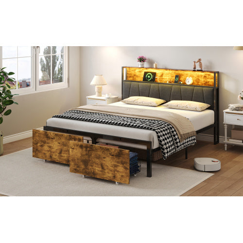 UK Local 4ft6 Double Bed Frame With 2 Storage Drawers, RGB LED Storage Headboard With Charging Station, Metal Platform Bed Frame, No Box Spring Needed, Easy Assembly, Black Walnut No Mattress