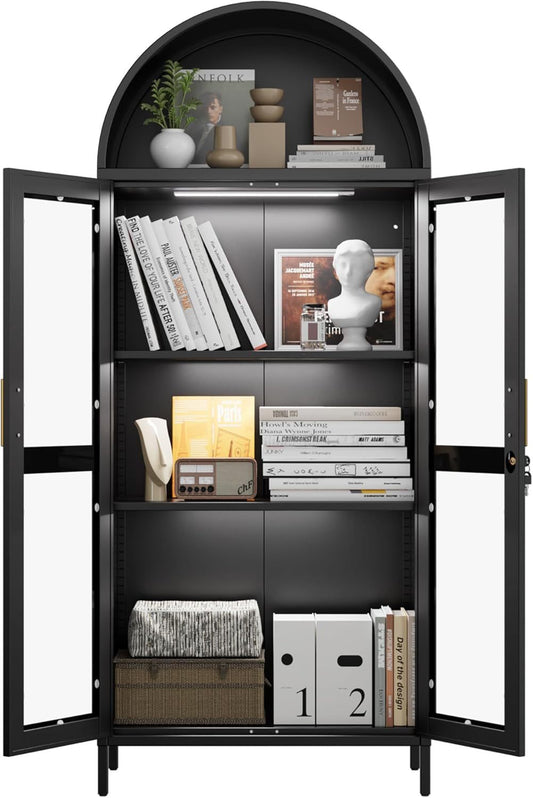 US Local Metal Arched Cabinet With LED Strips, Arch Display Bookcase With Glass Doors, Modern Freestanding Kitchen Pantry Storage Cabinet For Living Room, Dining Room, Home Office, Assembly Required Black