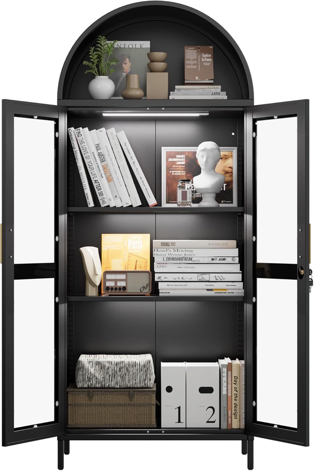 US Local Metal Arched Cabinet With LED Strips, Arch Display Bookcase With Glass Doors, Modern Freestanding Kitchen Pantry Storage Cabinet For Living Room, Dining Room, Home Office, Assembly Required Black