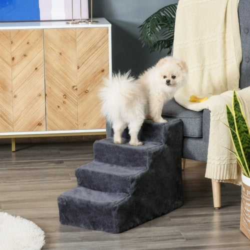 UK Local PawHut Four-Step Dog Stairs, With Washable Plush Cover, For High Bed Sofa, Dog Stairs For Small Dog And Cat - Dark Grey