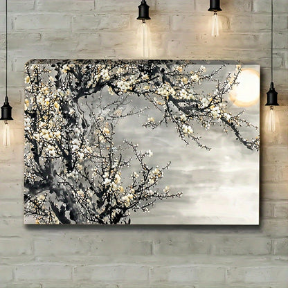 US Local 1 Framed Wooden Canvas Painting, Yellow Flowers And White Decorative Trees, Framed Wall Art, Suitable For Living Room And Bedroom, Home Decoration, Holiday Gift