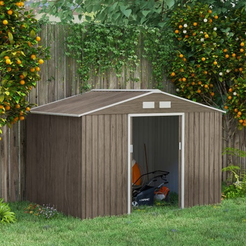 UK Local Outsunny 9 X 6ft Steel Garden Shed, Outdoor Storage Tool House With Vents, Foundation And Lockable Double Doors, Brown