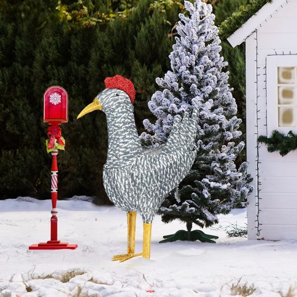 2FT Lighted Christmas Rooster Outdoor Decoration, Weather Proof Plush Rooster Christmas Ornament Home Decor Pre-lit 50 LED White Lights With Stakes