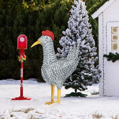 2FT Lighted Christmas Rooster Outdoor Decoration, Weather Proof Plush Rooster Christmas Ornament Home Decor Pre-lit 50 LED White Lights With Stakes