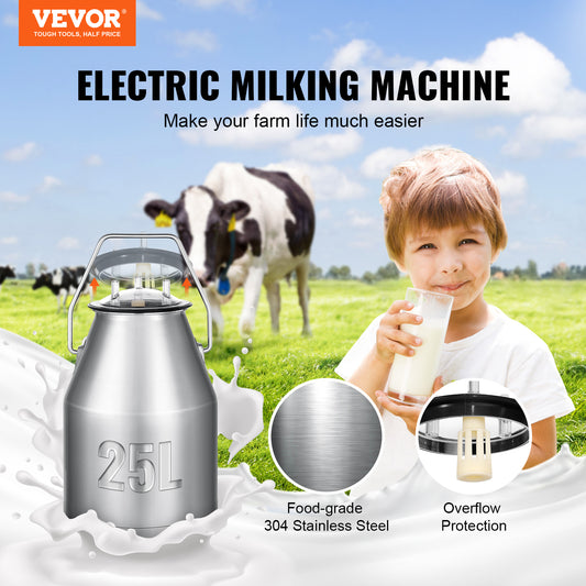 VEVOR Electric Cow Milking Machine, 6.6 Gal 25 L 304 Stainless Steel Bucket, Automatic Pulsation Vacuum Milker, Portable Milker With Food-grade Silicone Cups And Tubes, Adjustable Pressure