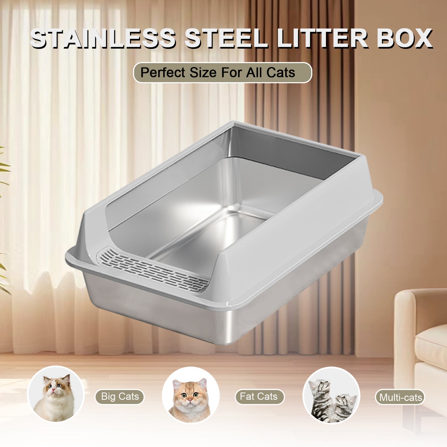 US Local Oversized Stainless Steel Litter Box, Semi-enclosed Splash-proof And Leak-proof Design, Removable Lid, Suitable For Big Cats, And More