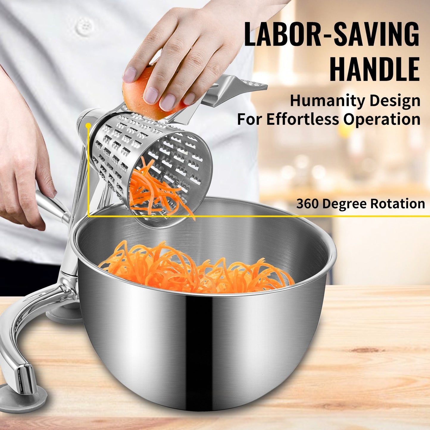 US Local Rotary Cheese Grater, Zinc Alloy Rotary Vegetable Mandoline, Manual Cheese Mandoline W/ 5 Stainless Steel Cutting Cones, Manual Vegetable Grater W/ 2.5L Bowl, Rotary Shredder W/Suction Base