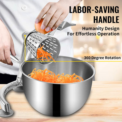 US Local Rotary Cheese Grater, Zinc Alloy Rotary Vegetable Mandoline, Manual Cheese Mandoline W/ 5 Stainless Steel Cutting Cones, Manual Vegetable Grater W/ 2.5L Bowl, Rotary Shredder W/Suction Base