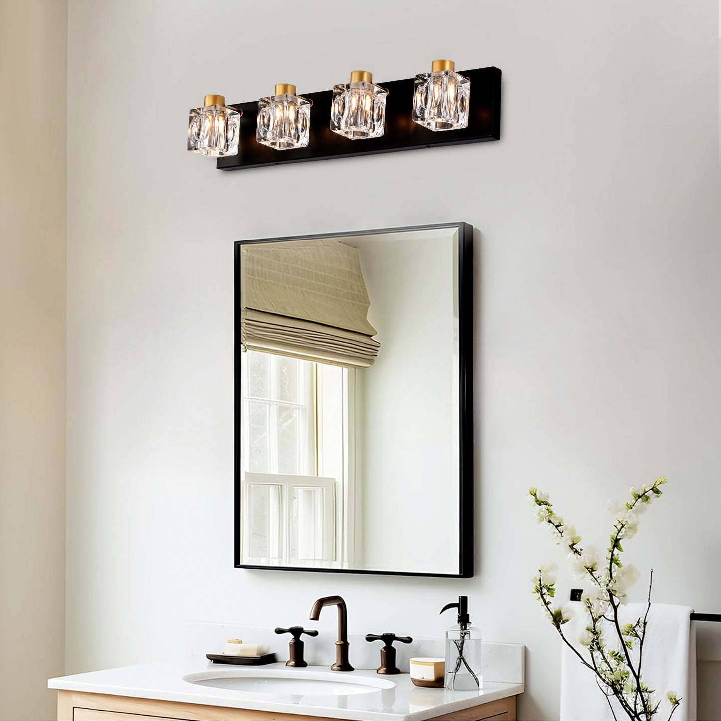 US Local 4-Light Matte Black Gold Bathroom Light Fixtures, Modern Vanity Lights With Crystal Glass Shade, Vintage Light Fixture Bathroom Over Mirror Wall Lights For Kitchen Dinning Room Bedroom Hallway