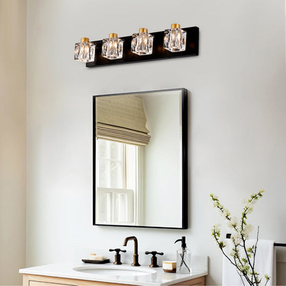 US Local 4-Light Matte Black Gold Bathroom Light Fixtures, Modern Vanity Lights With Crystal Glass Shade, Vintage Light Fixture Bathroom Over Mirror Wall Lights For Kitchen Dinning Room Bedroom Hallway