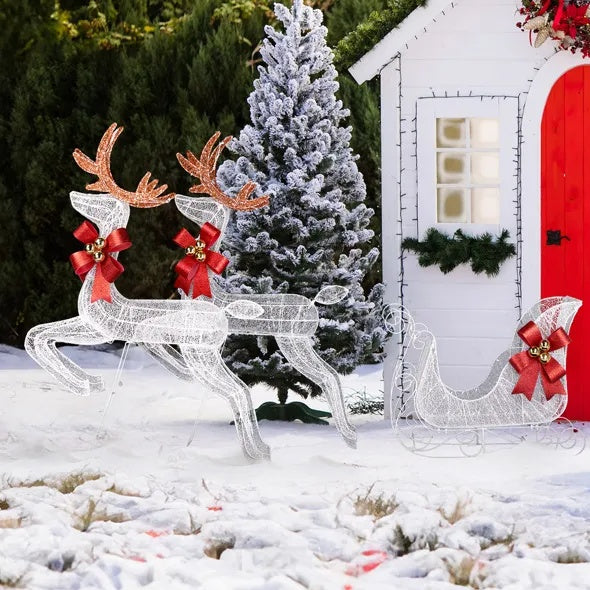 US Local 3-Piece Lighted Set Of 2 Reindeer & Sleigh, Weather Proof Christmas Outdoor Decorations With Pre-lit 270 LED White Lights And Stakes For Xmas Outdoor Holiday Indoor Decor Lighted Holiday Displays, Whi