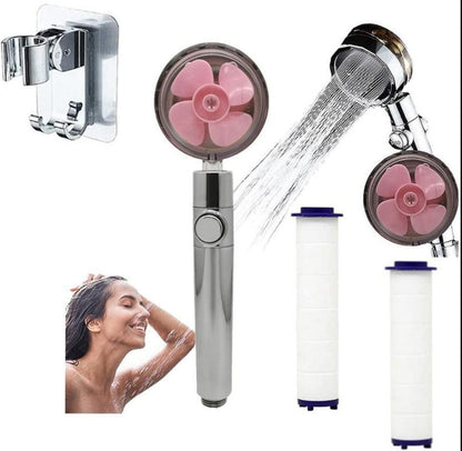 US Local Propeller Driven Shower Head With Stop Button And Cotton Filter Turbocharged High Pressure Handheld Shower Nozzle