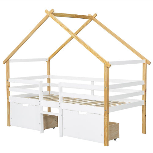 UK Local Wooden Bed, Children S Bed, 3ft Single Bed 90x190cm, MDF  Pinewood  Plywood, Safety Guardrail, Two Storage Drawers With Wheels,Roof Shape, White  Natural