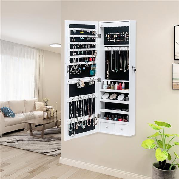 US Local Non Full Mirror Wooden Wall Mounted 4-layer Shelf With 2 Drawers And 8 Blue LED Lights For Jewelry Storage, White Mirror Cabinet