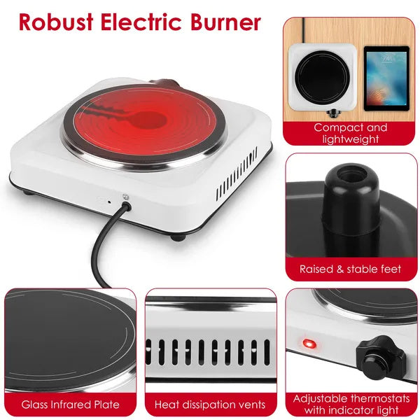 US Local 1200W Electric Infrared Single Burner Portable Heating Hot Plate Stove Countertop RV Hotplate With 7.5' Glass Cooktop Stepless Temperature Adjustments For Home RV Camp