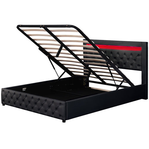 UK Local Upholstered Bed 135 X 190 Cm Functional Bed With Slatted Frame And Storage Space, LED Lighting In Different Colors, White, PU