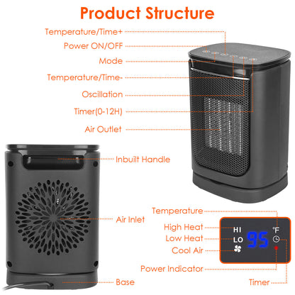 US Local 1500W Electric Space Heater Ceramic Heater Fan 90 Degree Oscillating Heating Fan With 3 Modes Remote Control Digital Display Tip-over Overheating Protection For Home Office