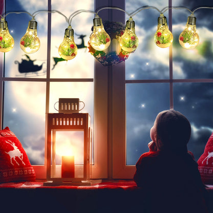 1Pc 13.78FT Christmas Snow Globe String Light Battery Powered 10 LED Bulbs Indoor Christmas Lights With Pine Needles Snowflakes Berries