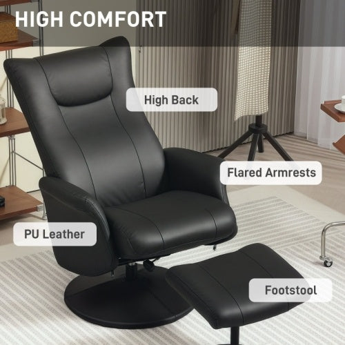 UK Local HOMCOM Swivel Recliner Chair With Footstool, PU Leather Recliner Armchair With Adjustable Back And Steel Frame, Reclining Chair Lounge With Flared Armrests For Living Room, Black