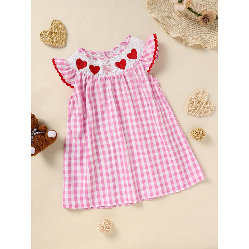 US Local Infant Baby Girls' Valentine's Day Dress Pink Plaid With Heart Embroidery, Smocked Ruffle Sleeves