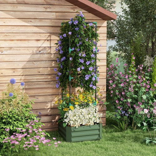 US Local Outsunny Galvanized Raised Garden Bed, 24 X 24 X 11.75 Outdoor Planter Box With Trellis Tomato Cage And Open Bottom For Climbing Vines, Vegetables, Flowers In Backyard, Garden, Patio, Green