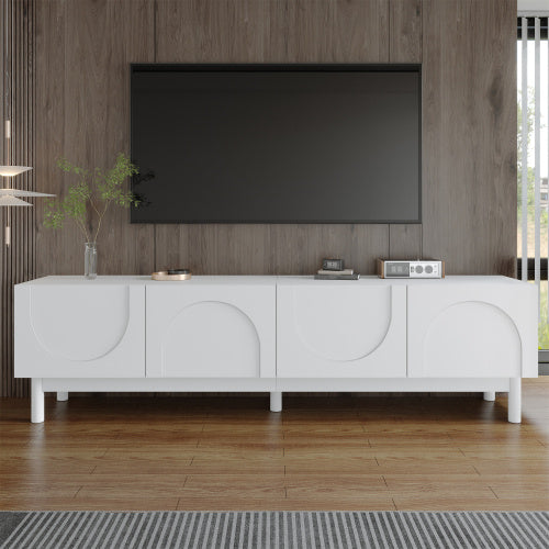 UK Local TV Cabinet With Curved, Wave-Shaped Doors, Shelves, And TV Stand With Stabilizing Legs