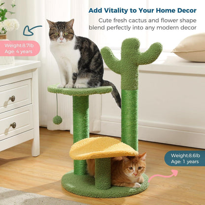 US Local 26 Inch Cactus Cat Tree With Bird's Eye View Flower Perch, Soft Cactus Top And Hanging Ball, Compact Vertical Structure For Indoor Cats