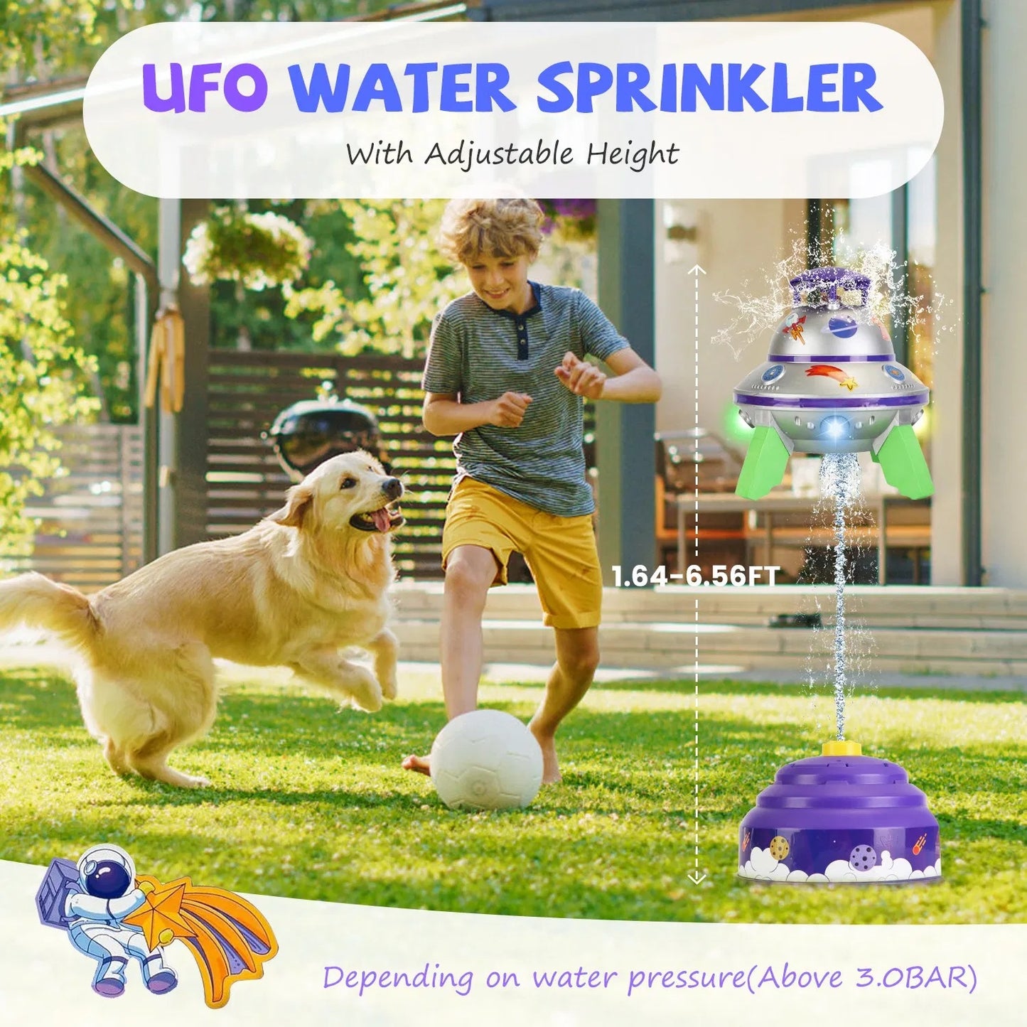 US Local UFO Water Sprinkler Outdoor Summer Rocket Toy With Colorful LED Lights Spinning 1.64FT To 6.56FT Adjustable Height Birthday Summer Gift For Girls Boys Aged Years Old GPCT5465