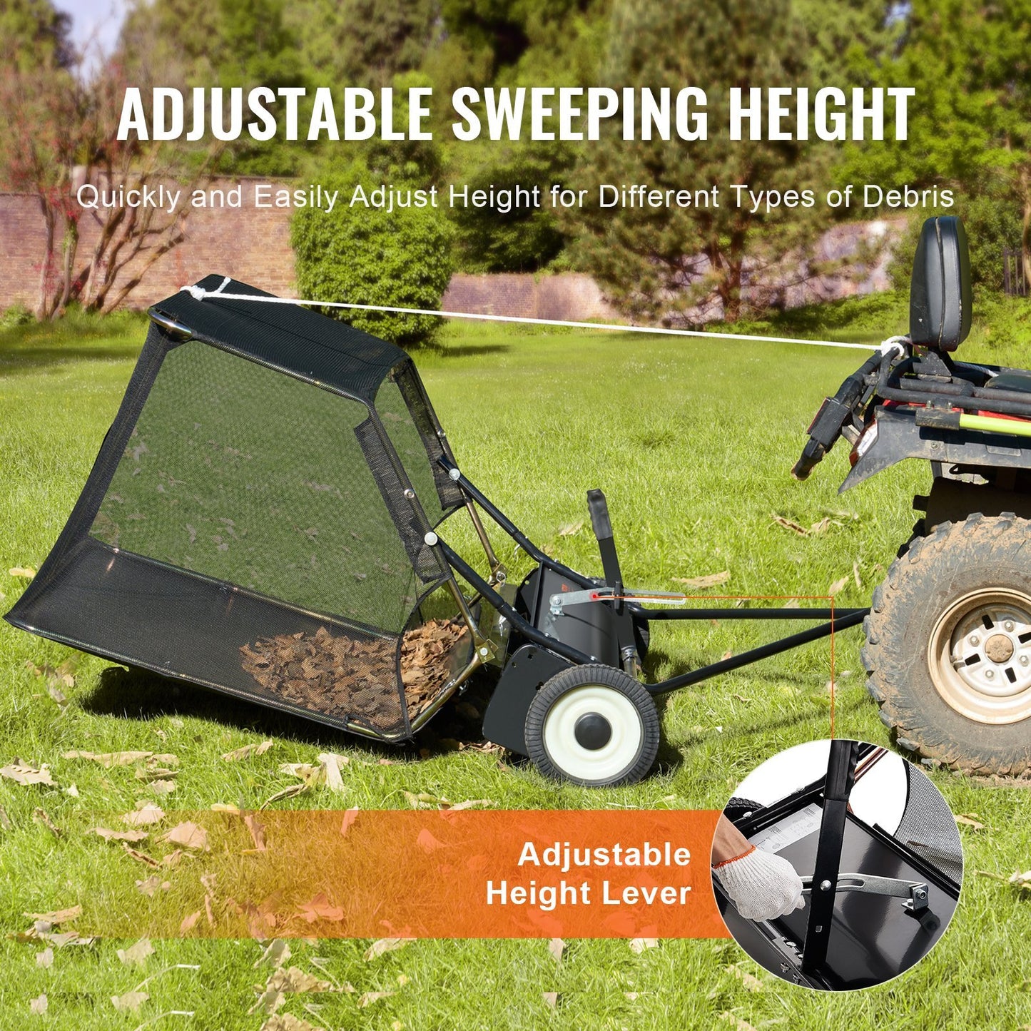 US Local VEVOR Tow-Behind Lawn Sweeper 42-inch Leaf Yard Collector 12 Cu.ft. Adjustable