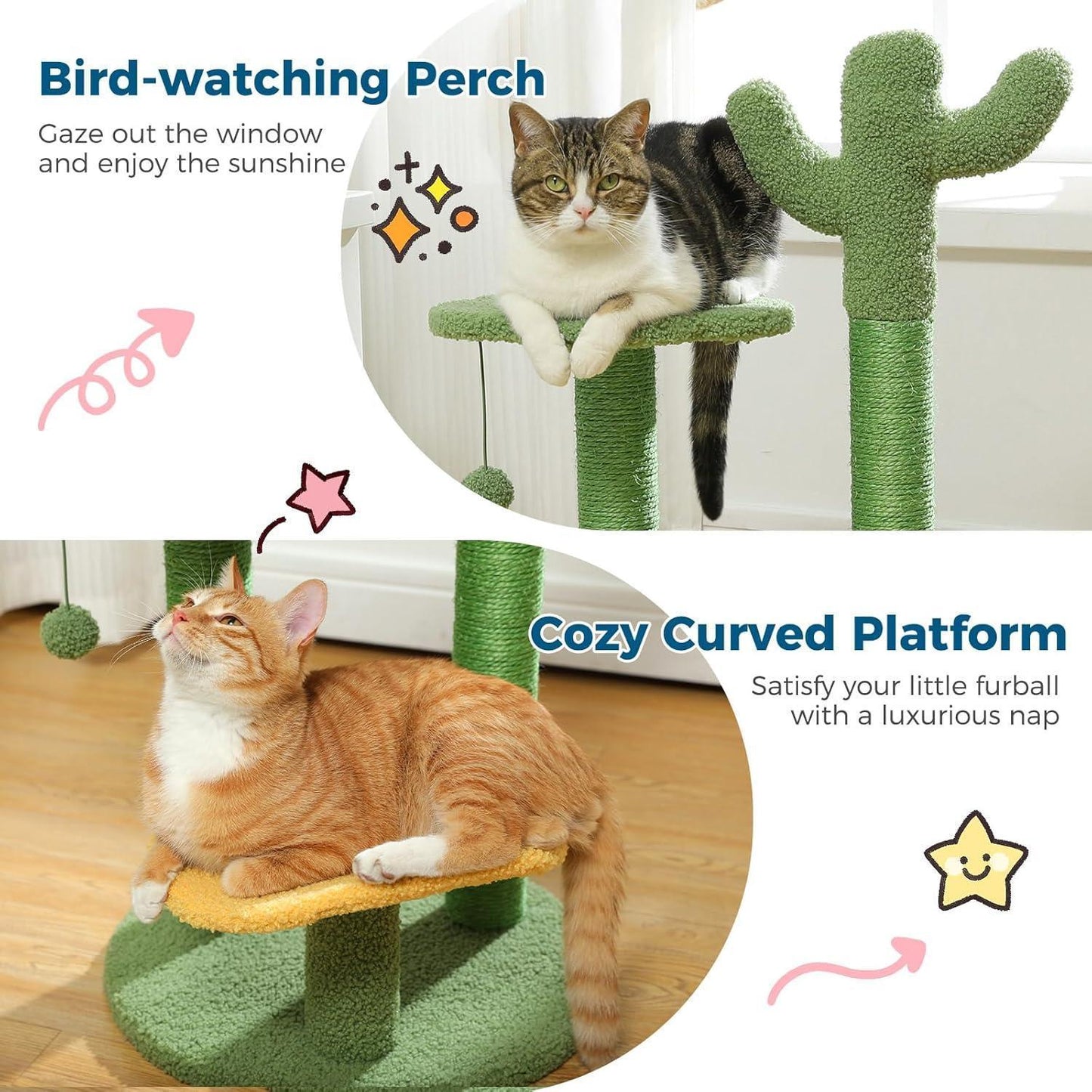 US Local 26 Inch Cactus Cat Tree With Bird's Eye View Flower Perch, Soft Cactus Top And Hanging Ball, Compact Vertical Structure For Indoor Cats