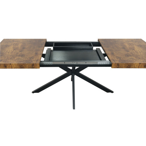 US Local Retro Rectangular Stretch Dining Table, Antique Wood Top And Black Relief Plate, Black Fine Sand Cross Iron Foot Base Dining Table, With Storage Box