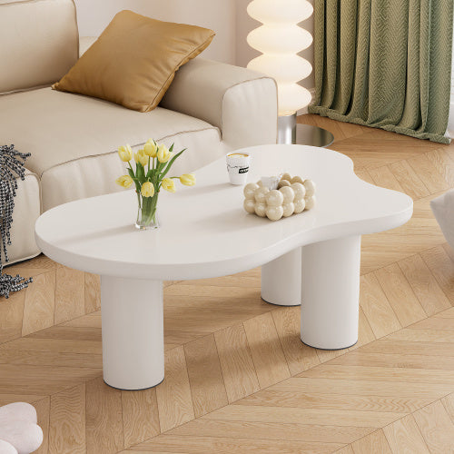 UK Local Irregular White Painted Coffee Table, Cloud Shaped Coffee Table Tea Table End Table, Modern Coffee Table With 3 Legs, For Living Room Furniture, 107x66x40.5 Cm